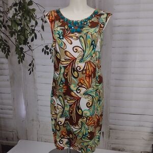 Retro-inspired Print Midi Dress with Beaded Neckline Size 14